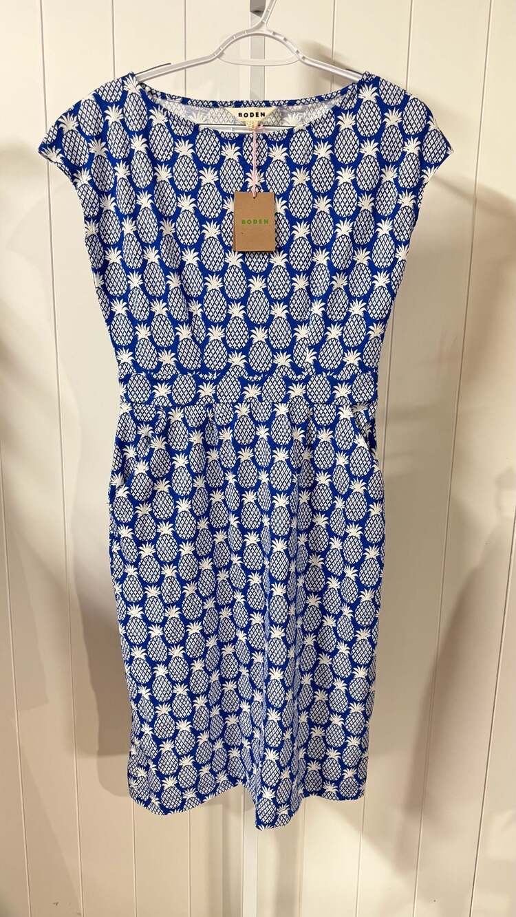 Boden Blue and White Pineapple Geo Florrie Print Jersey Dress